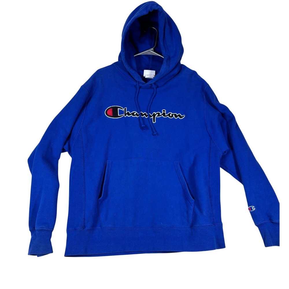 Champion Reverse Weave Hoodie Mens Large Royal Blue‎ Script Logo GF68 Sweatshirt